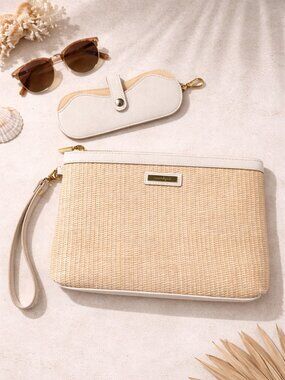 Nanette Lepore Set Woven Clutch Wristlet Beige Straw Summer Bag Glasses Case